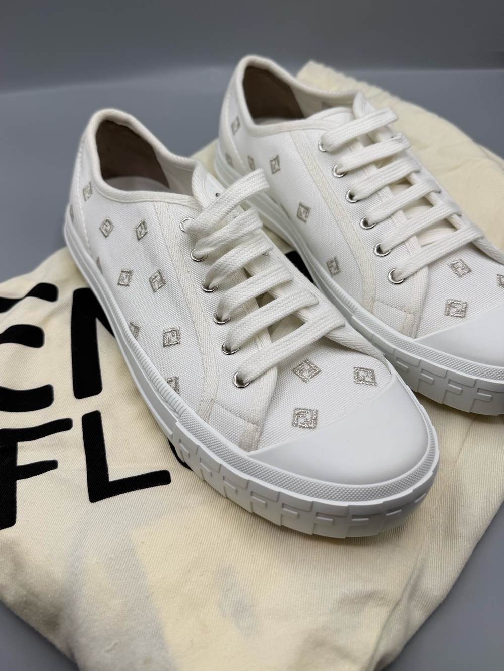 Fendi White Canvas Low-Top Sneakers with Subtle Monogram
